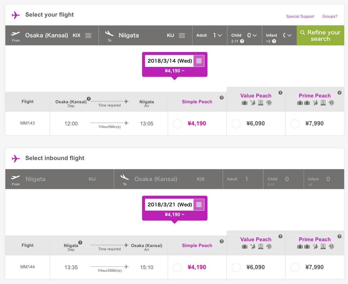 Peach Osaka Niigata Schedule and Fares