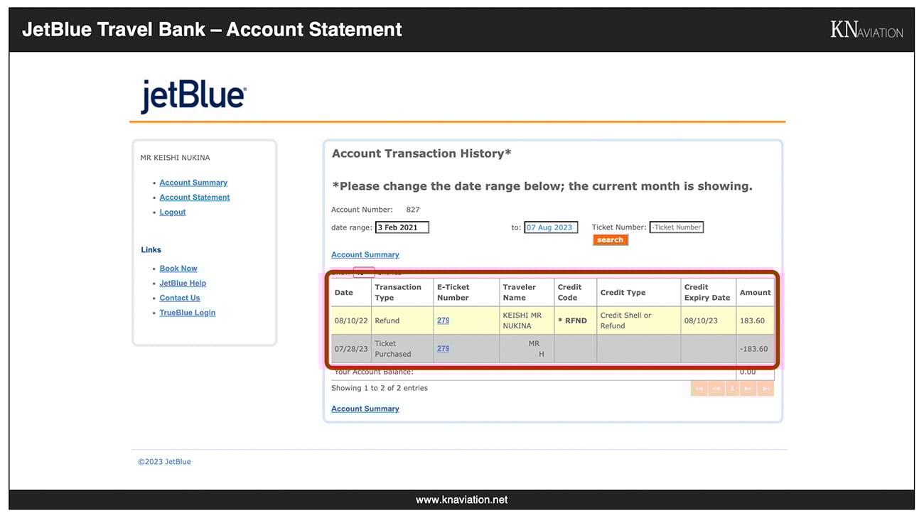 JetBlue Travel Bank Account Statement