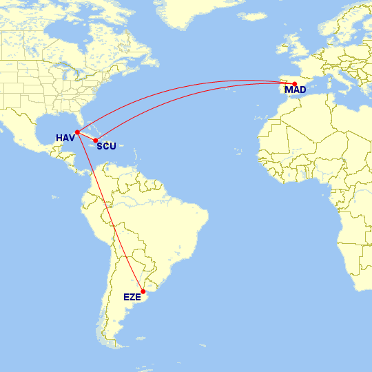 Cubana Il-96 Route Map
